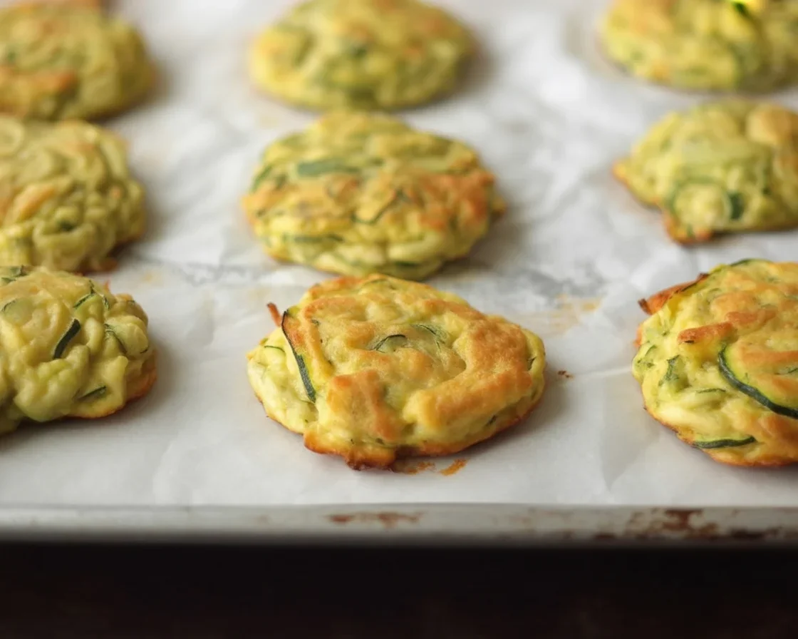Zucchini and cheddar breakfast fritters served on a plate, garnished with herbs.