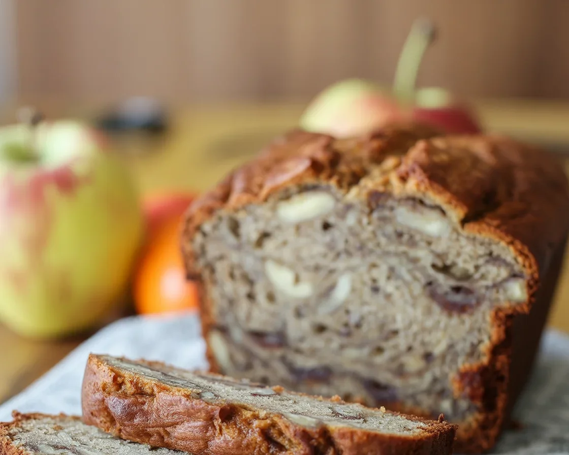 Delicious slice of easy banana bread with walnuts on a wooden table.