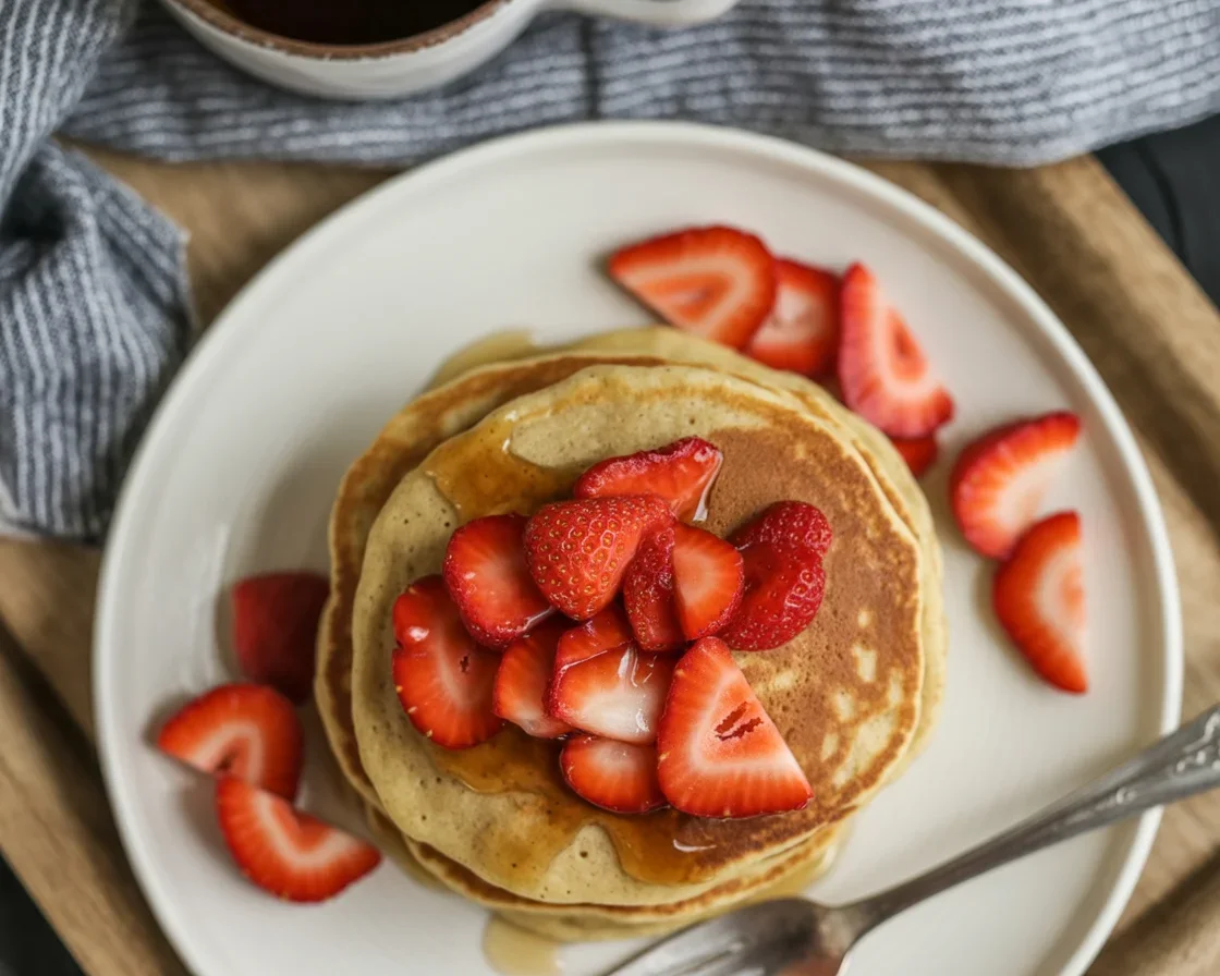 Delicious spelt pancakes stacked and drizzled with maple syrup, served on a plate.