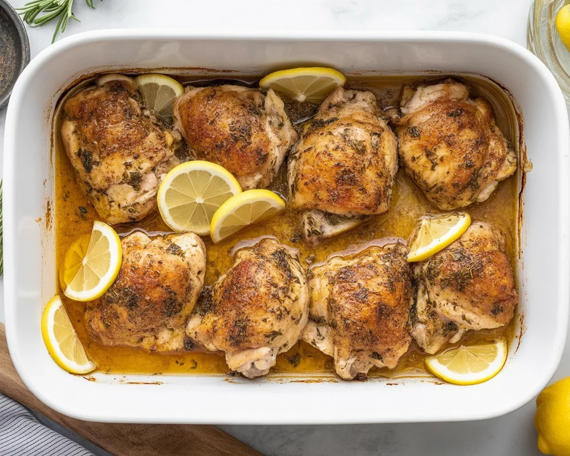 Lemon herb roasted chicken thighs with crispy skin and fresh herbs