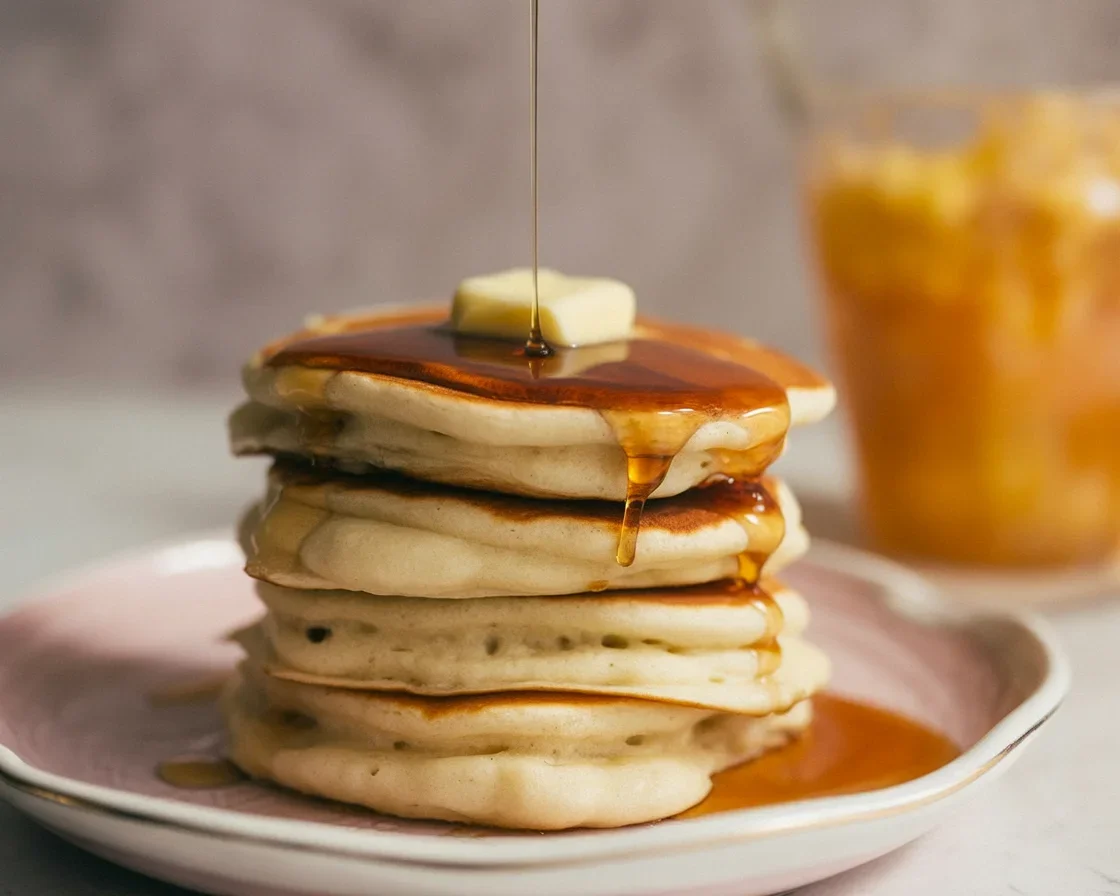 Fluffy lemon ricotta mug pancakes drizzled with blueberry compote on a plate.