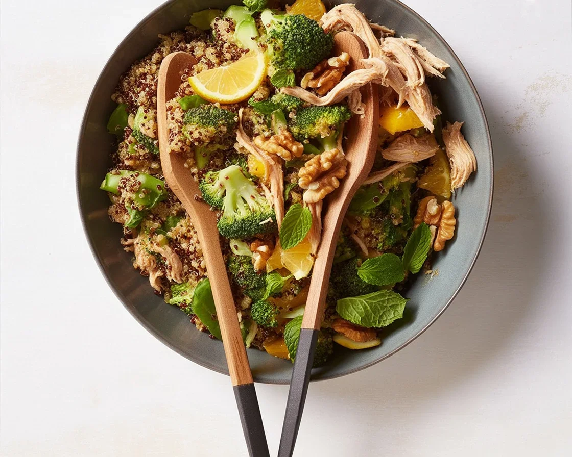 Loaded chicken broccoli quinoa salad with roasted lemon dressing