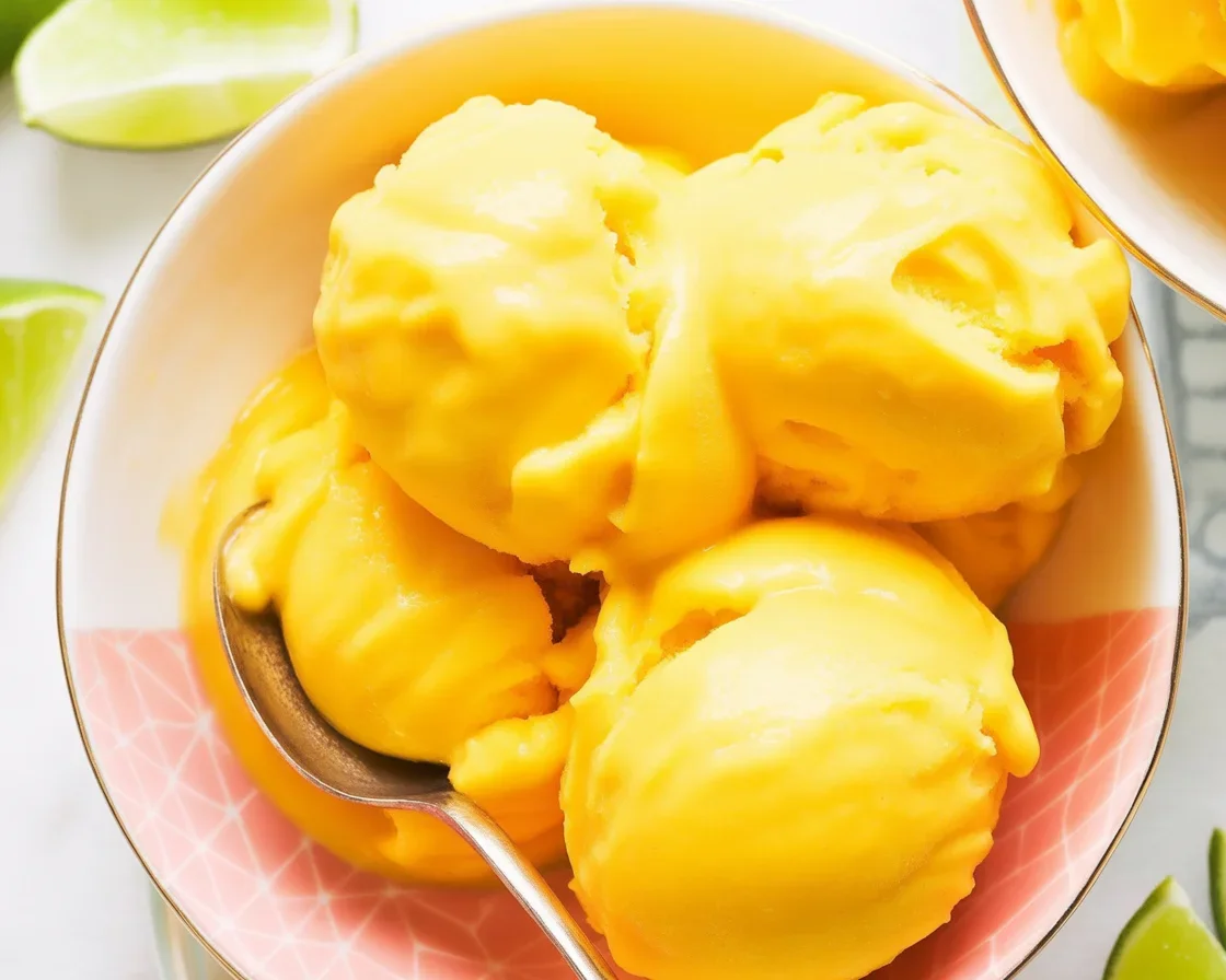 Delicious homemade mango sorbet with lime served in a bowl.