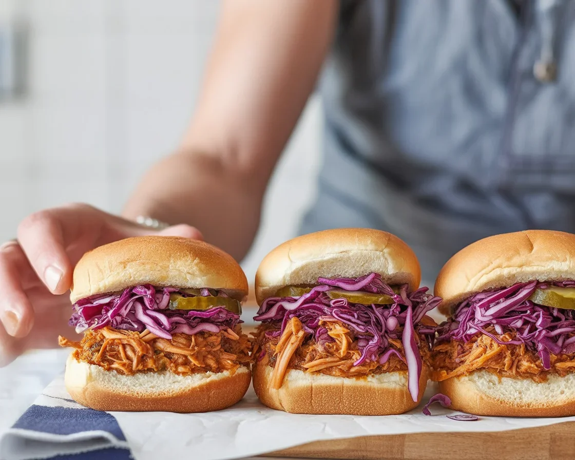 BBQ pulled jackfruit sliders served with avocado slaw on a wooden board