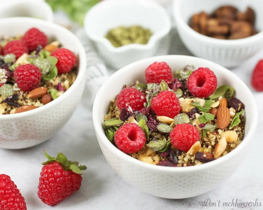 Vegan quinoa breakfast bowl with nuts, fruits, and chia seeds in a white bowl.