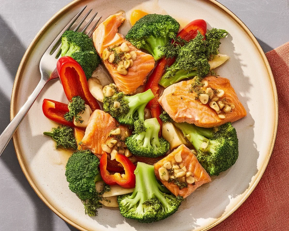 One-skillet garlicky salmon served with broccoli for a quick and healthy dinner.