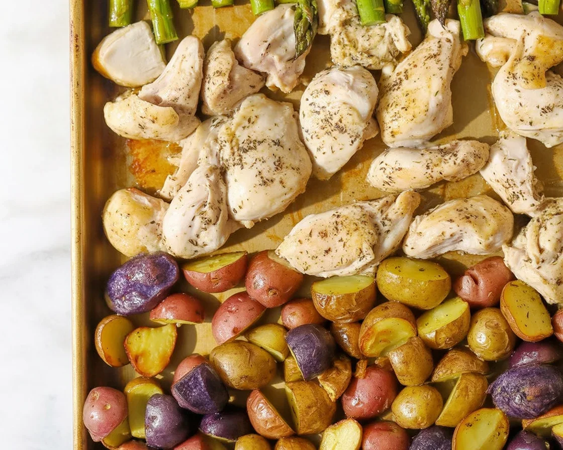 Sheet pan lemon garlic chicken with roasted vegetables beautifully arranged for dinner.
