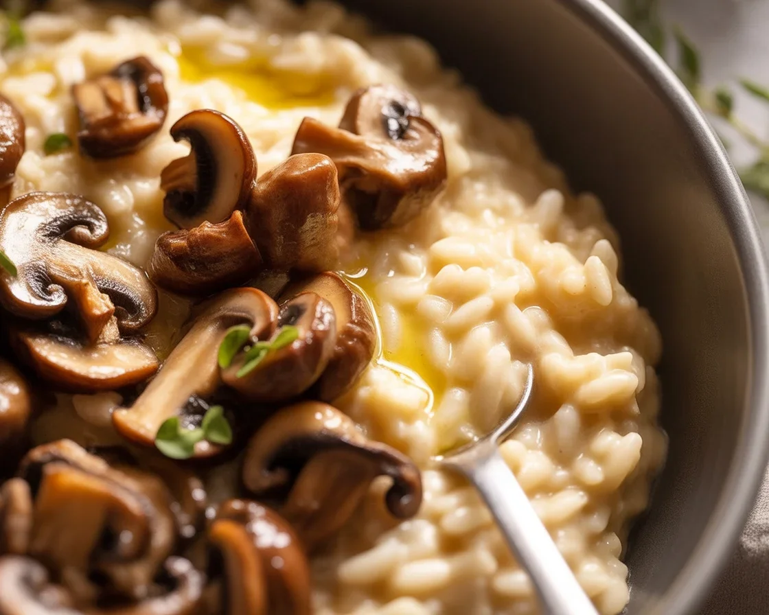 One pot creamy mushroom risotto with herbs, white wine, and Parmesan cheese