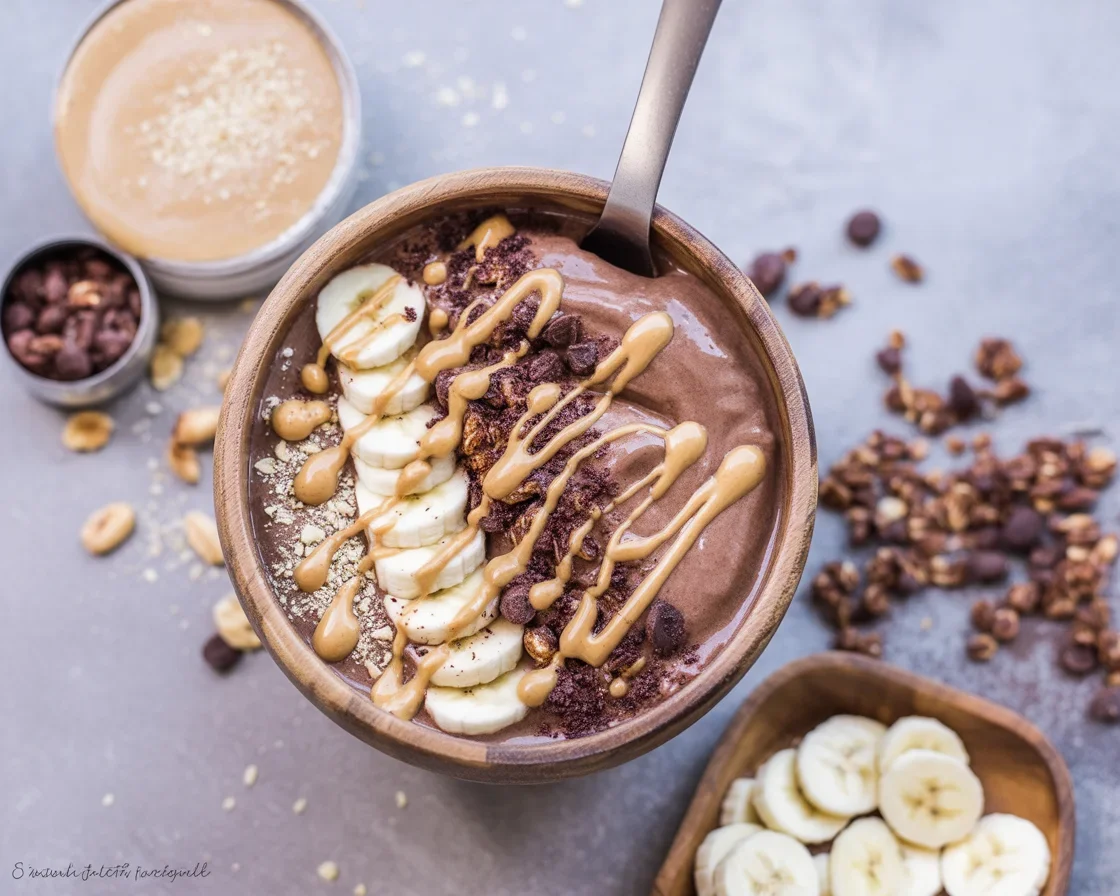 Protein smoothie bowl with peanut butter, bananas, and nutritious toppings.