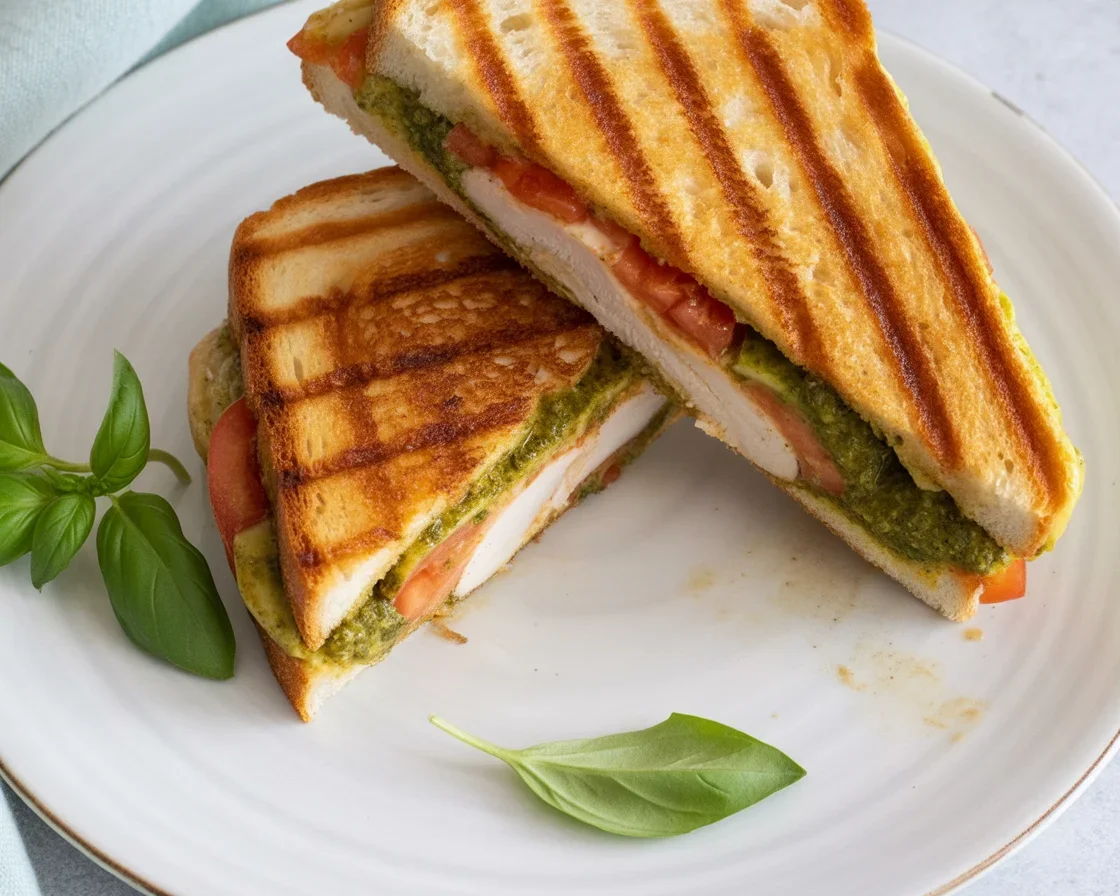 A pesto chicken caprese panini with fresh mozzarella, tomatoes, and basil on sourdough bread.