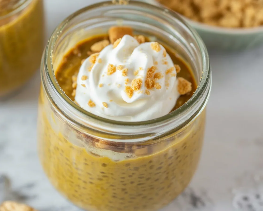 Delicious pumpkin pie chia pudding topped with whipped cream and cinnamon