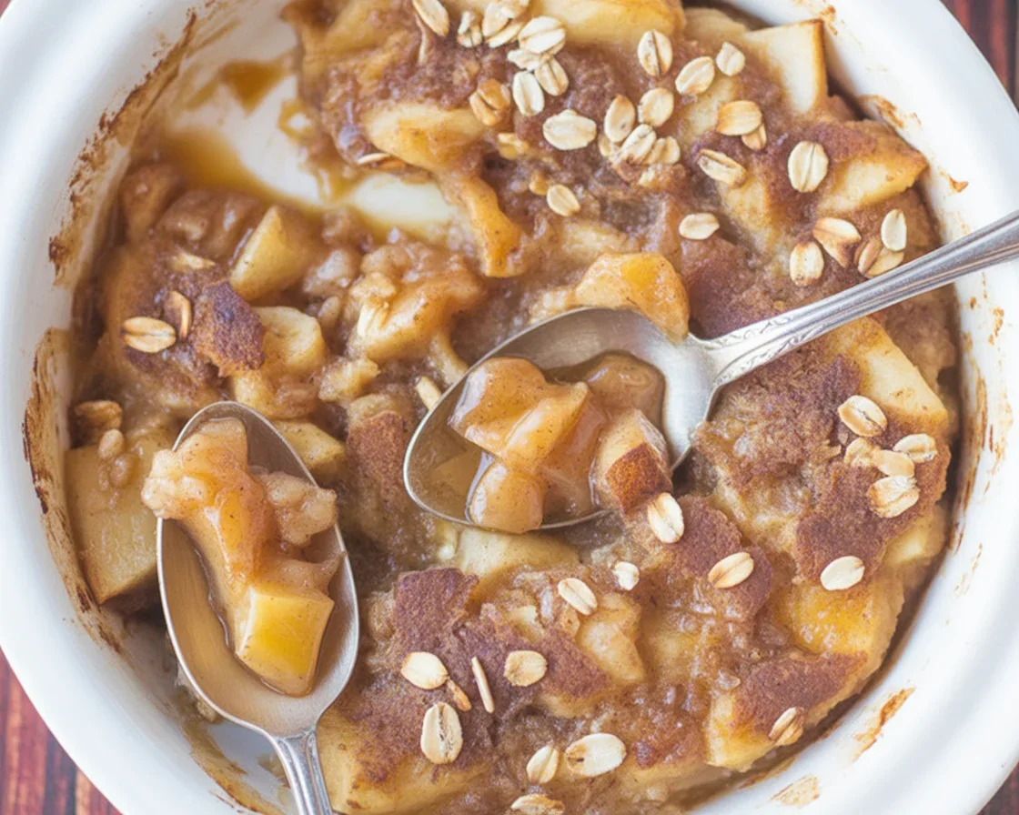 Microwave apple crisp in a mug served with a scoop of vanilla ice cream.