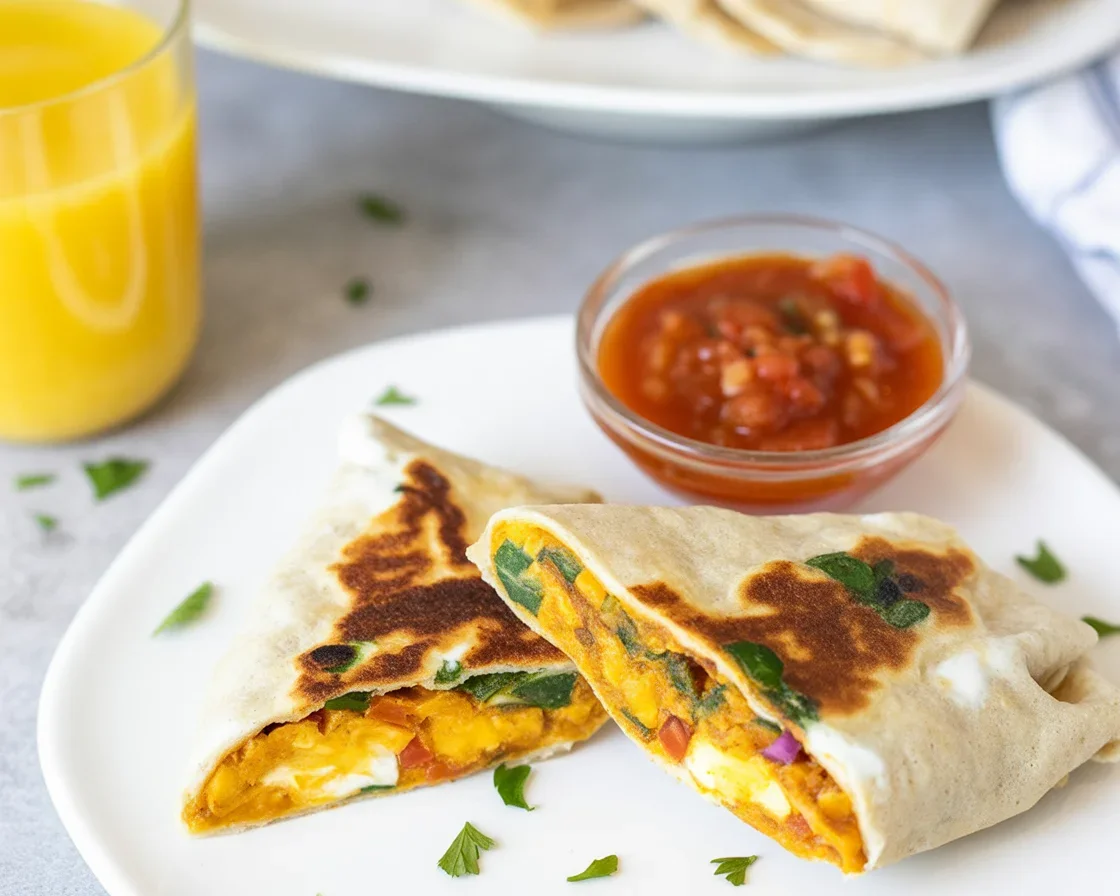 Sweet potato omelet wrap filled with scrambled eggs and cheese for breakfast