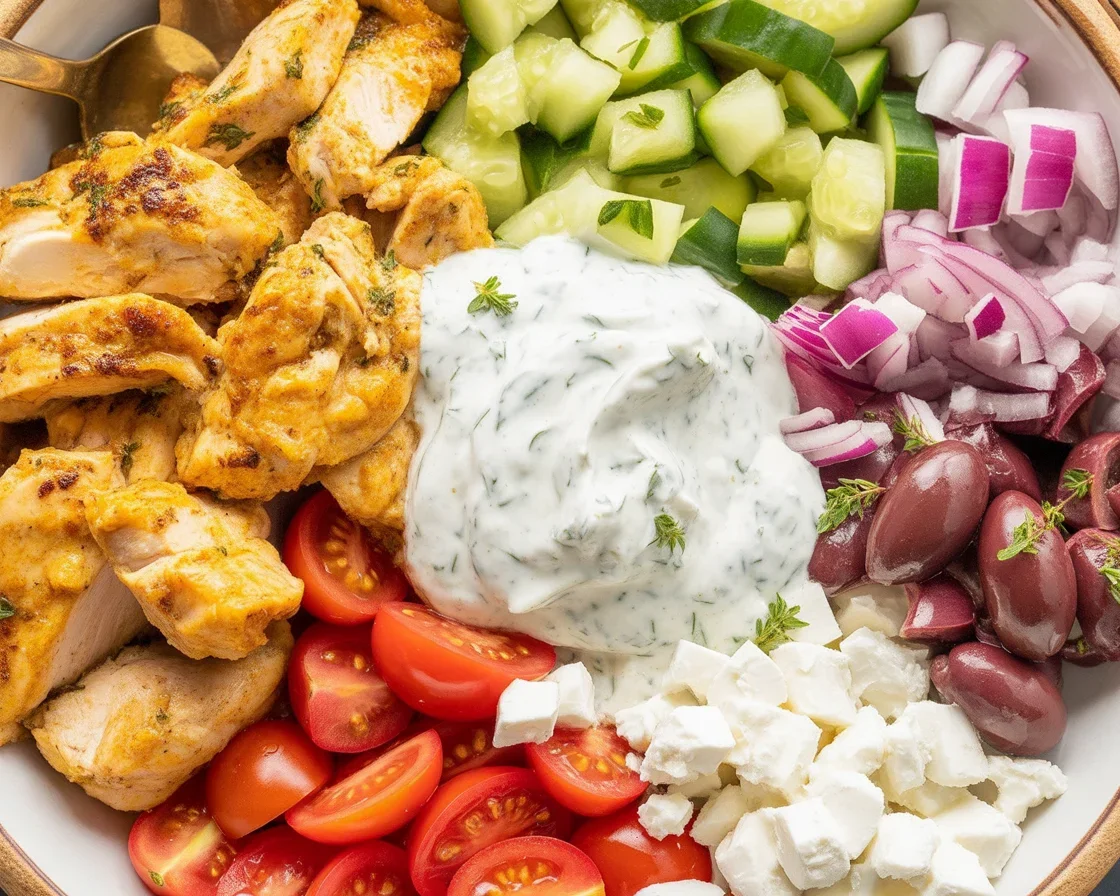 Delicious Greek chicken gyro bowl with marinated chicken, tzatziki, and fresh veggies.