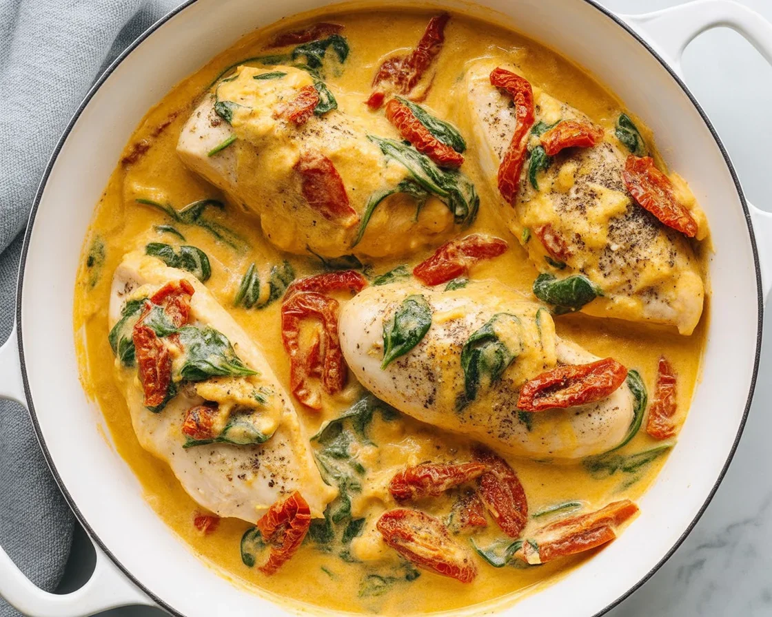 Creamy Tuscan garlic chicken skillet with sun-dried tomatoes and herbs in a cast-iron pan.
