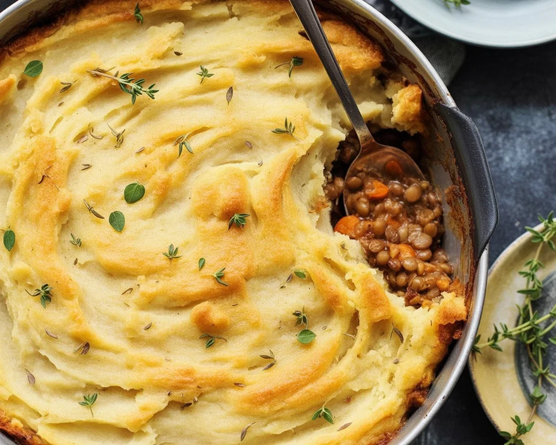 Delicious vegan lentil shepherd's pie topped with fluffy mashed potatoes.