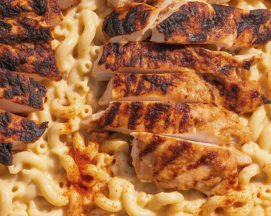 Delicious blackened Cajun chicken Alfredo topped with creamy sauce and herbs.