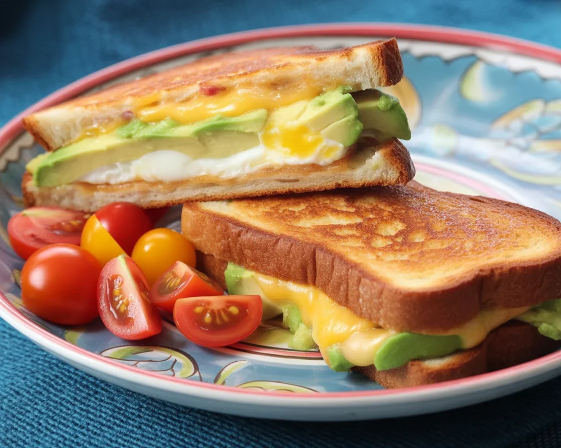 Egg and avocado breakfast sandwich with melted cheese on toasted bread