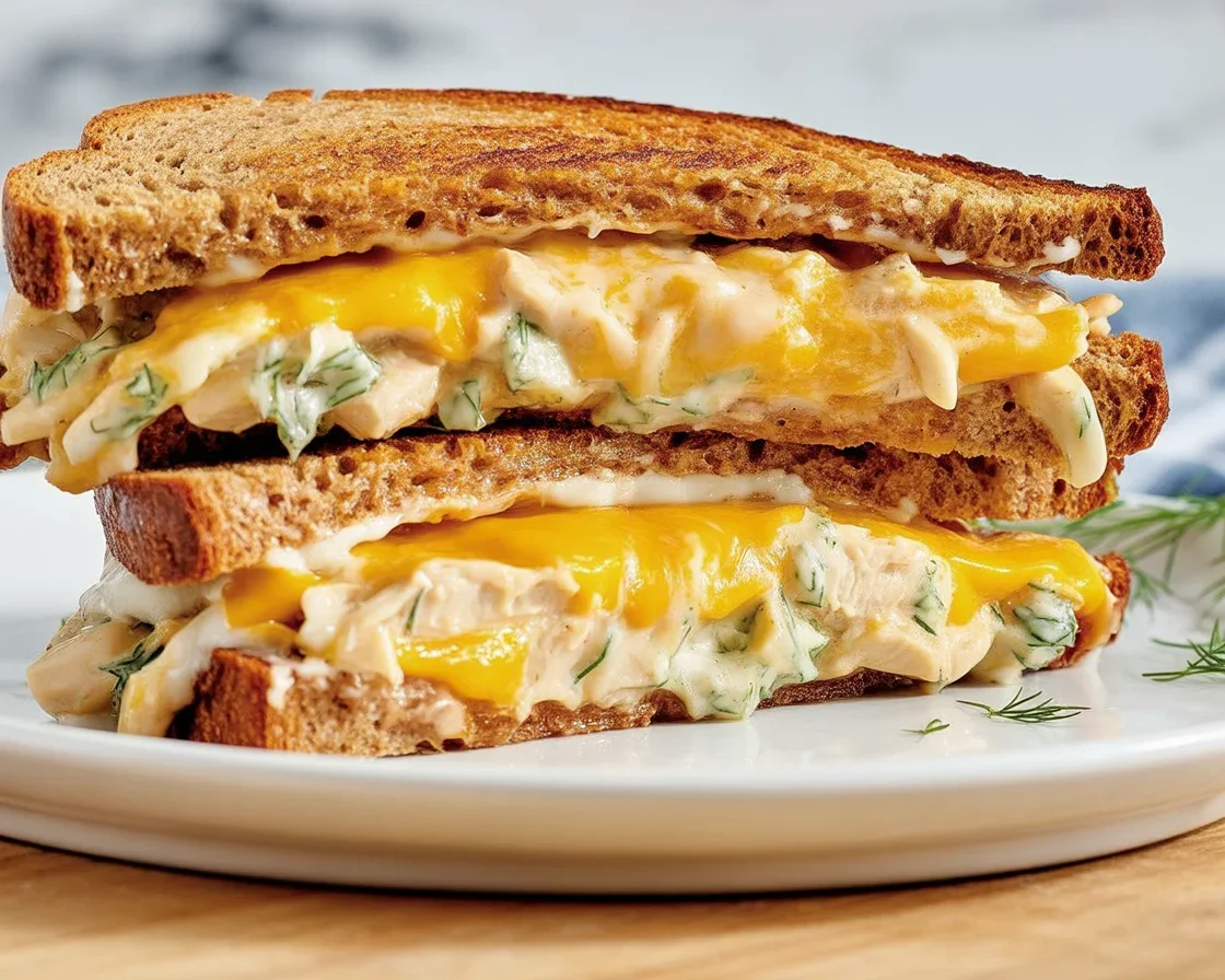 High-protein tuna and white bean melt served on toasted bread with garnish.