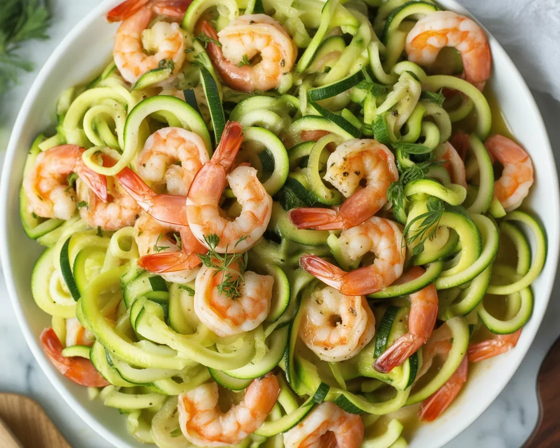 Keto garlic butter shrimp served over zucchini noodles, a healthy low-carb dish.