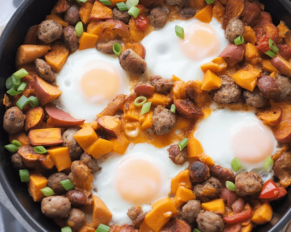 Paleo sweet potato and sausage hash served in a bowl with eggs