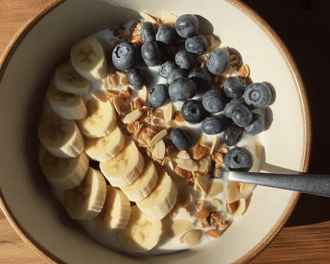Protein-rich yogurt and almond bowl topped with fruits and chia seeds.