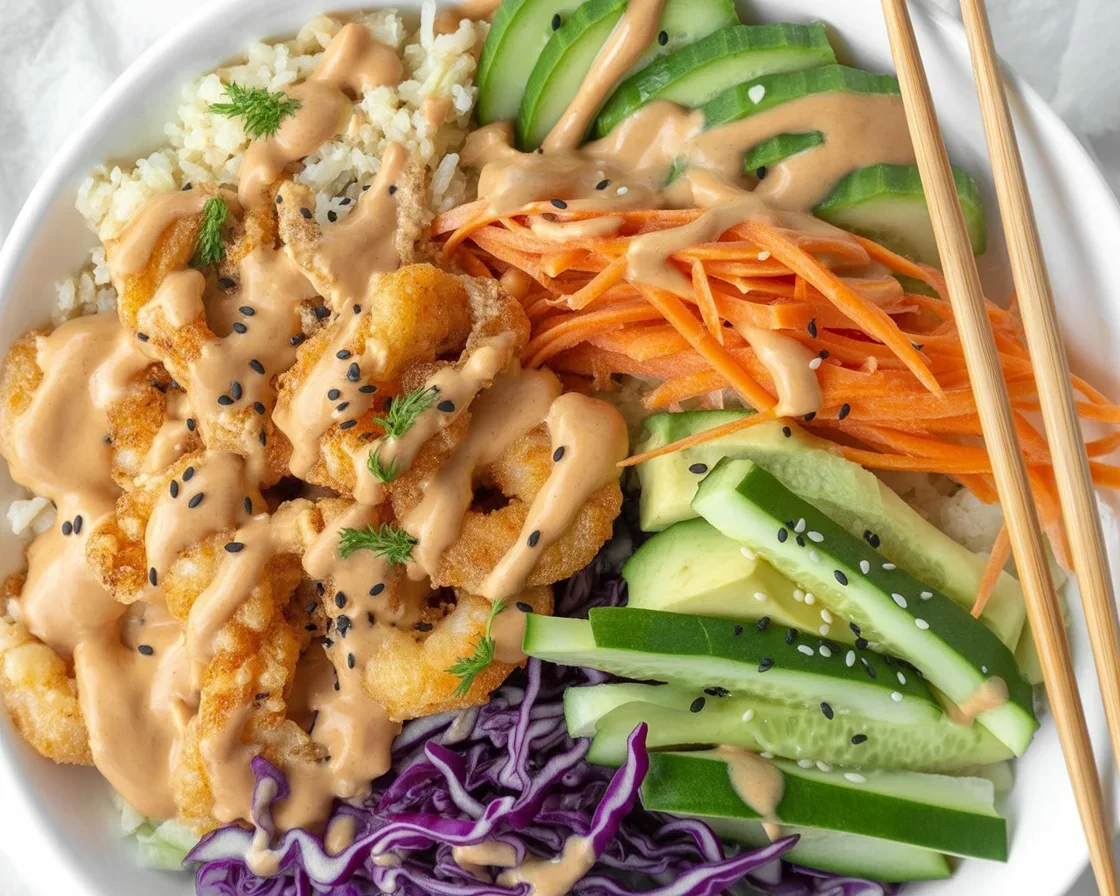 Shrimp avocado grain-free sushi bowl with cauliflower rice and fresh veggies.