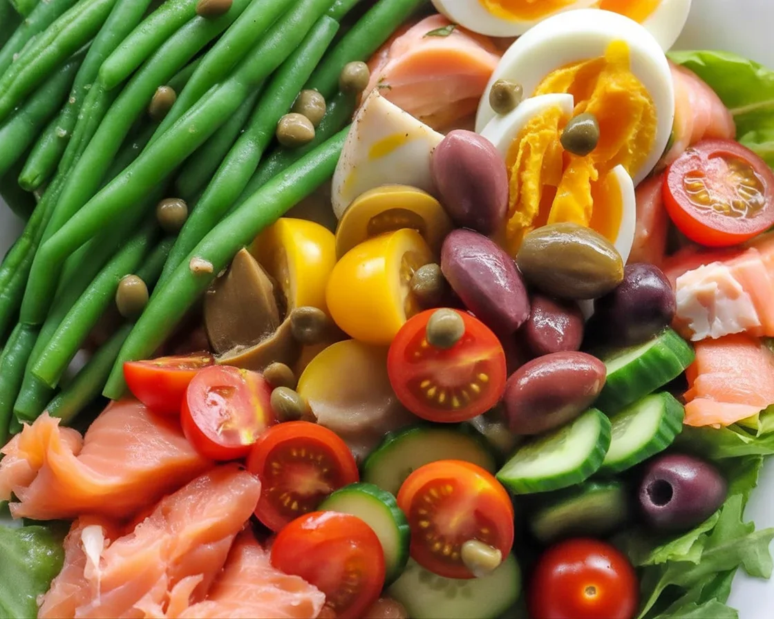 Smoked salmon salad Niçoise with potatoes, green beans, and lemon dressing on a plate.