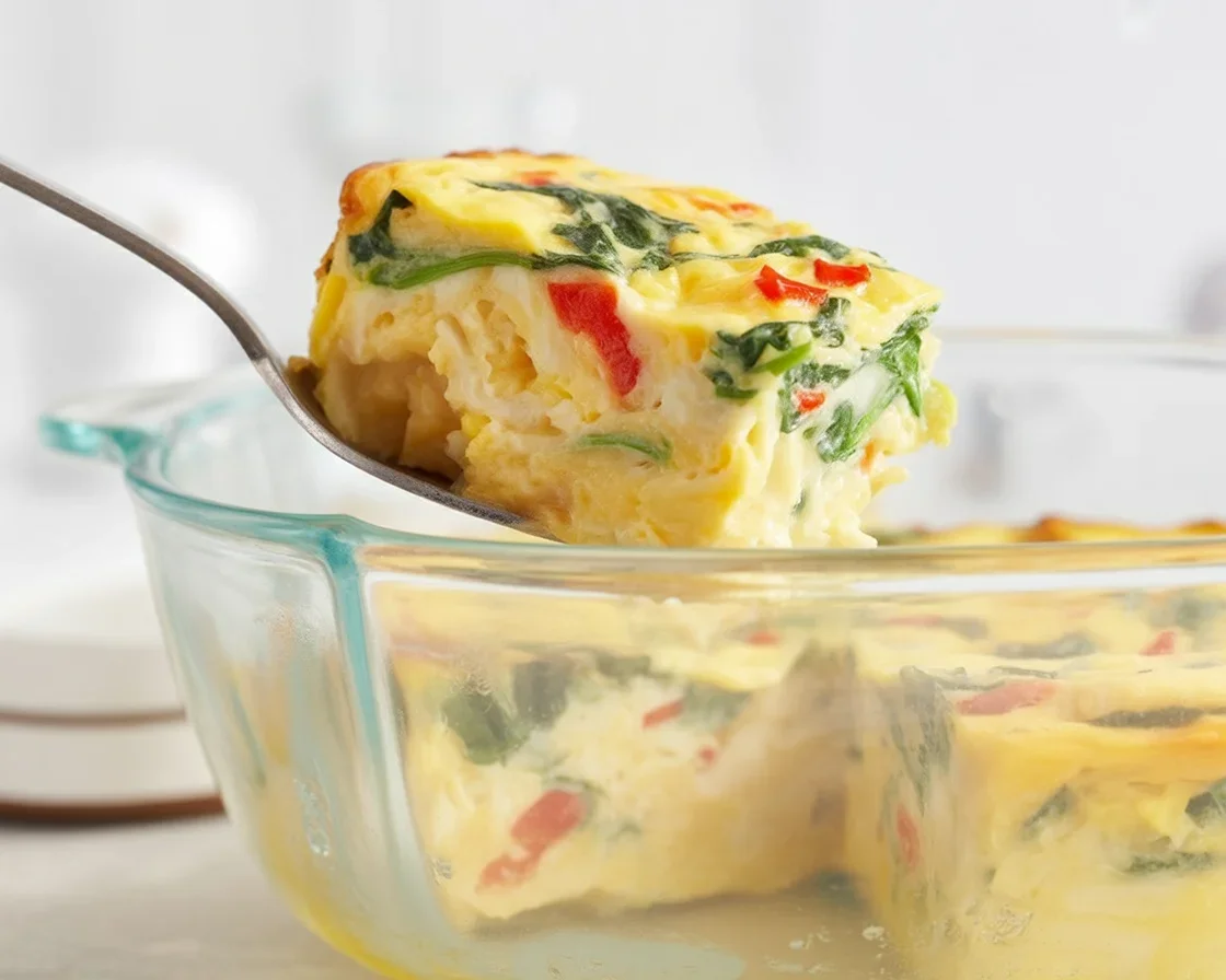 Healthy veggie egg bake with spinach, feta cheese, and tomatoes in a casserole dish.