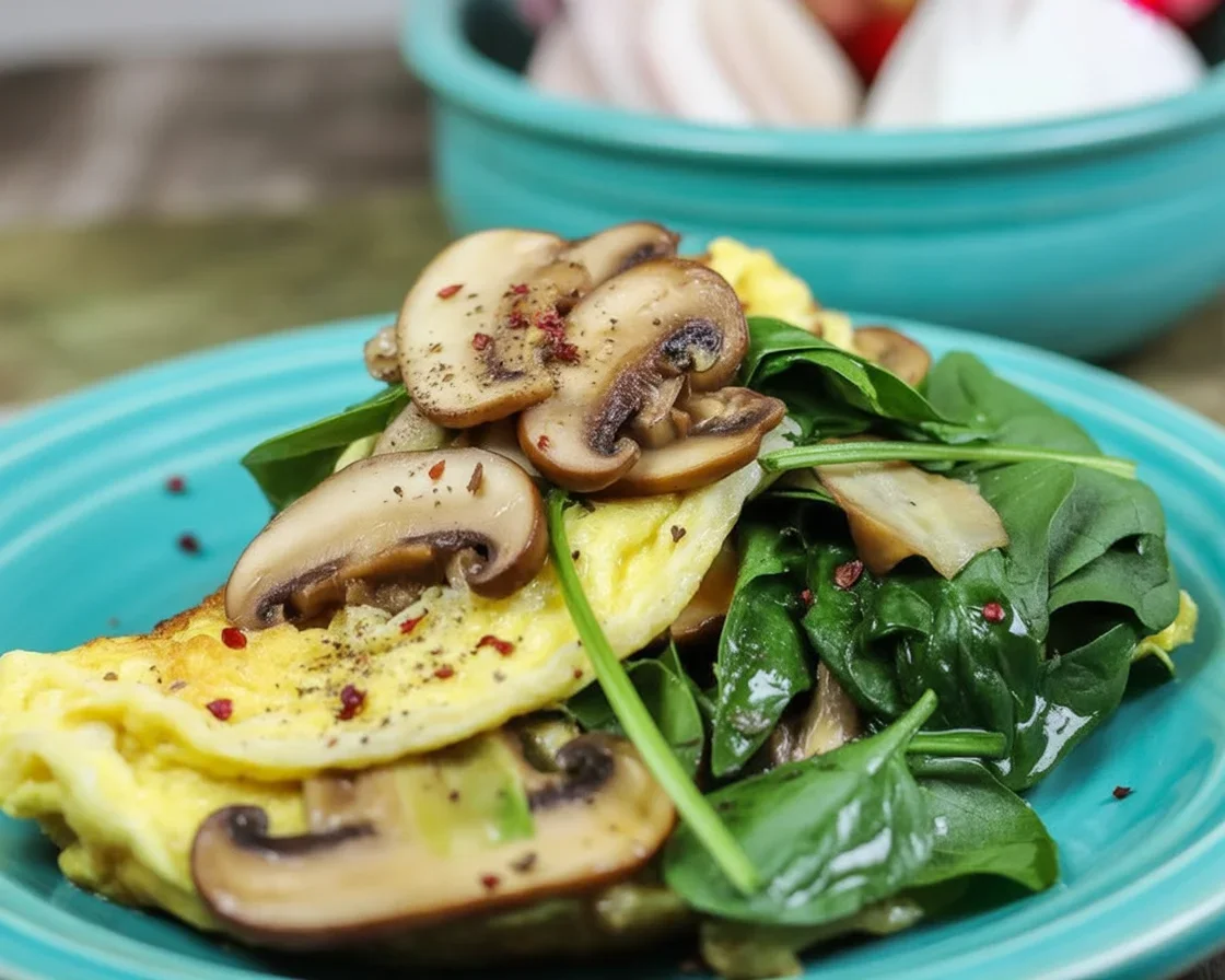 Healthy spinach mushroom egg white omelet with fresh ingredients cooked to perfection.