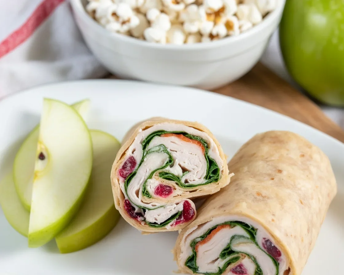 Turkey cranberry wrap filled with turkey, cream cheese, lettuce, and cranberries.
