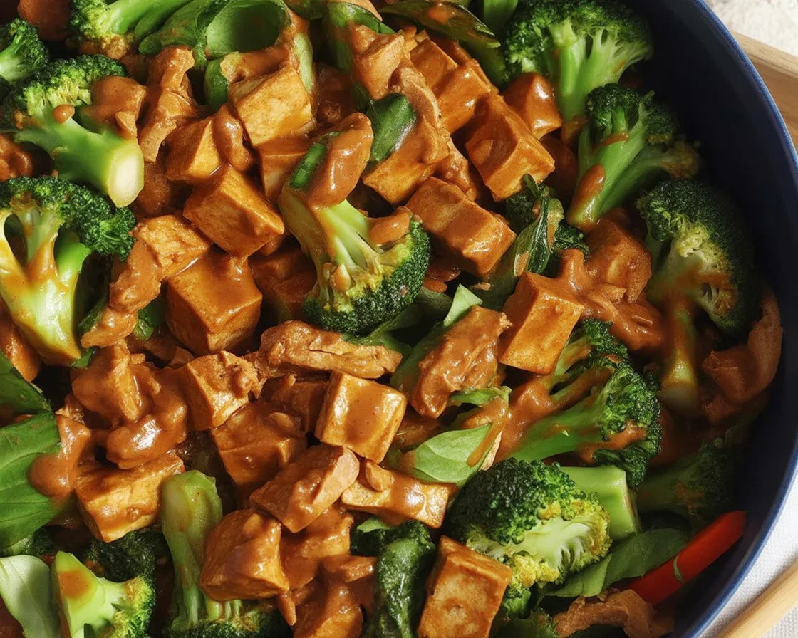 Vegan tofu stir fry with creamy peanut sauce and vibrant vegetables served in a bowl.