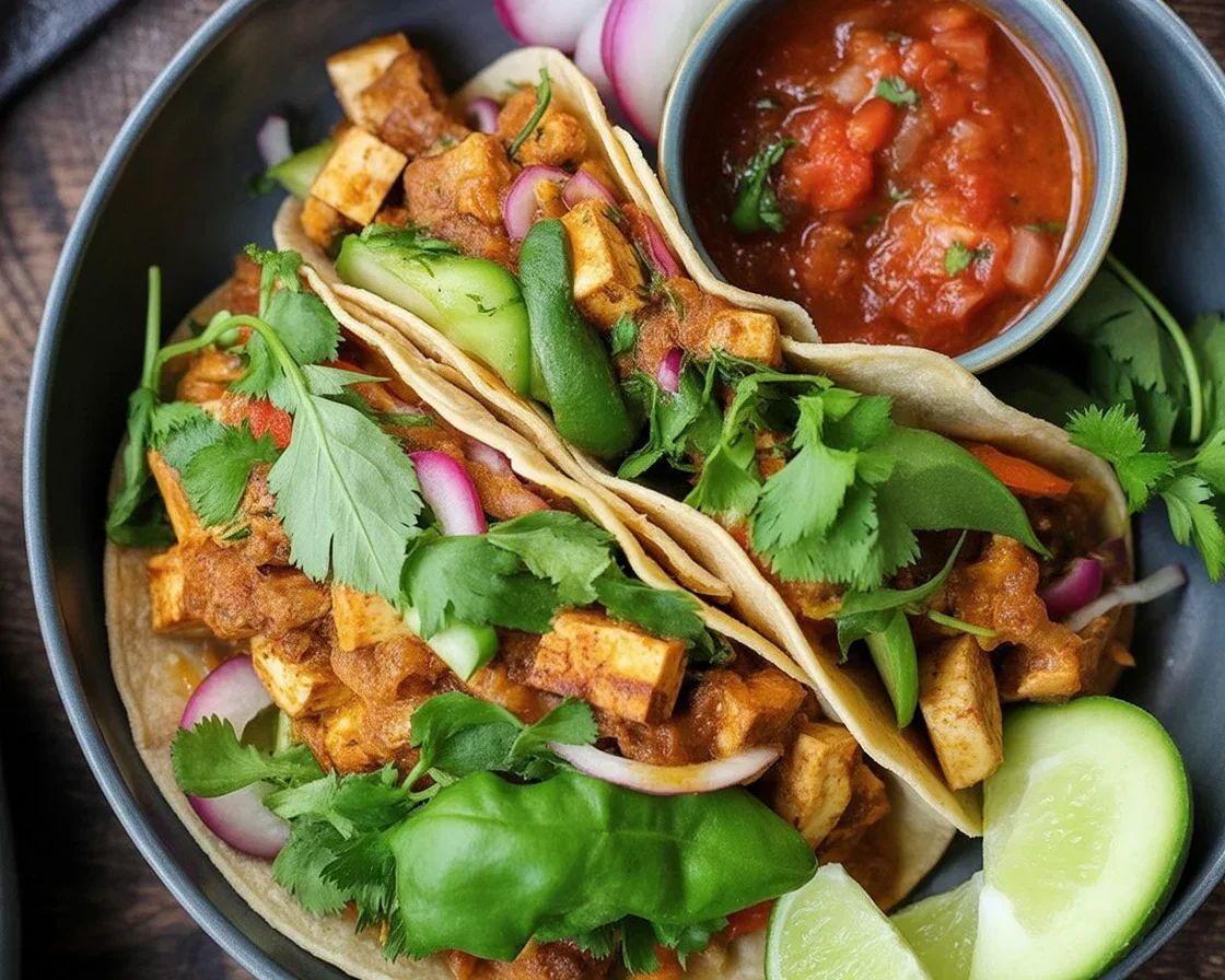 Vegan breakfast tacos with tofu scramble, avocado, and fresh veggies on a plate.