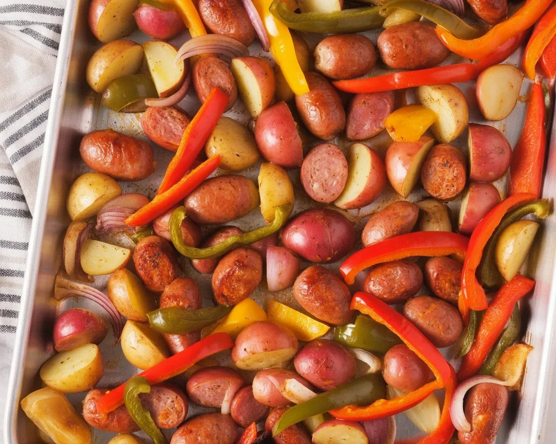 Sheet pan sausage dish with potatoes and colorful peppers, ready for roasting.