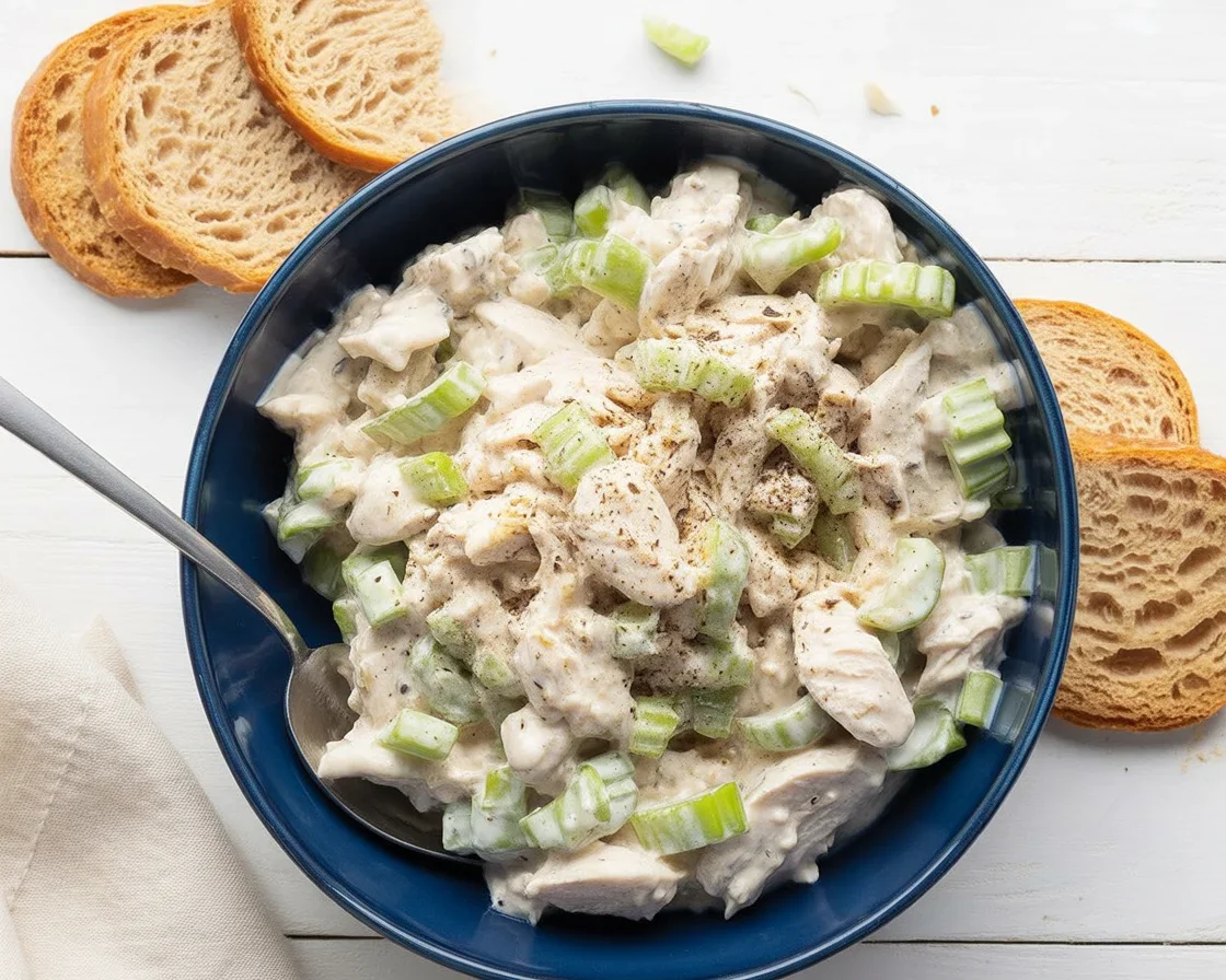 Creamy rotisserie chicken salad served with fresh vegetables and herbs.