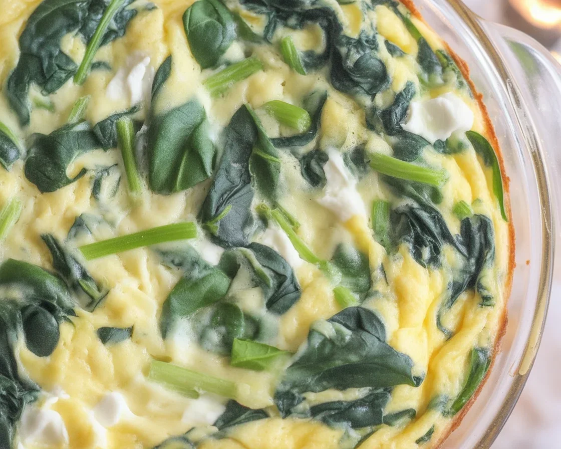 Delicious crustless spinach feta quiche served with a side salad.