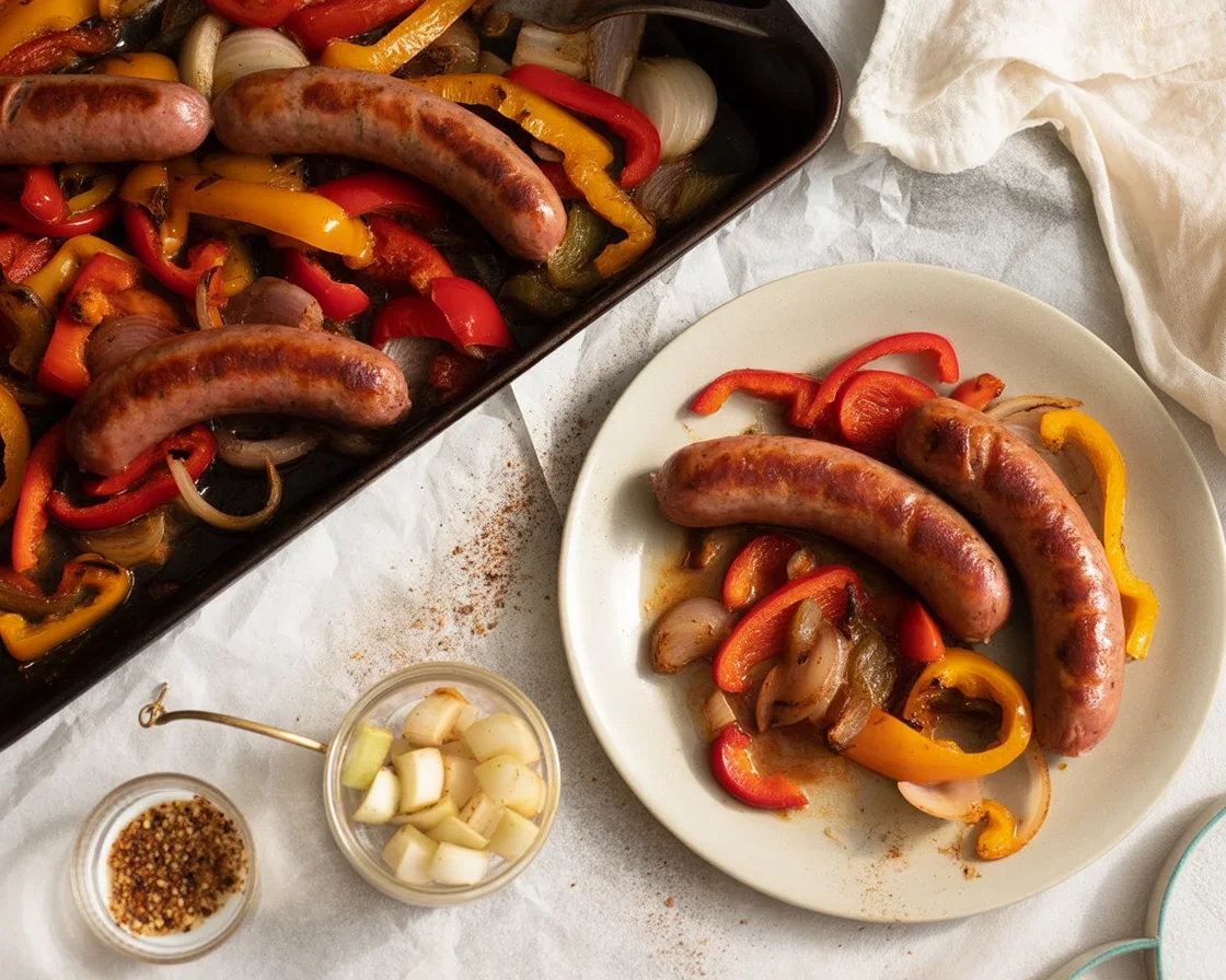 Sheet pan meal with Italian sausage, colorful peppers, and onions ready to serve.
