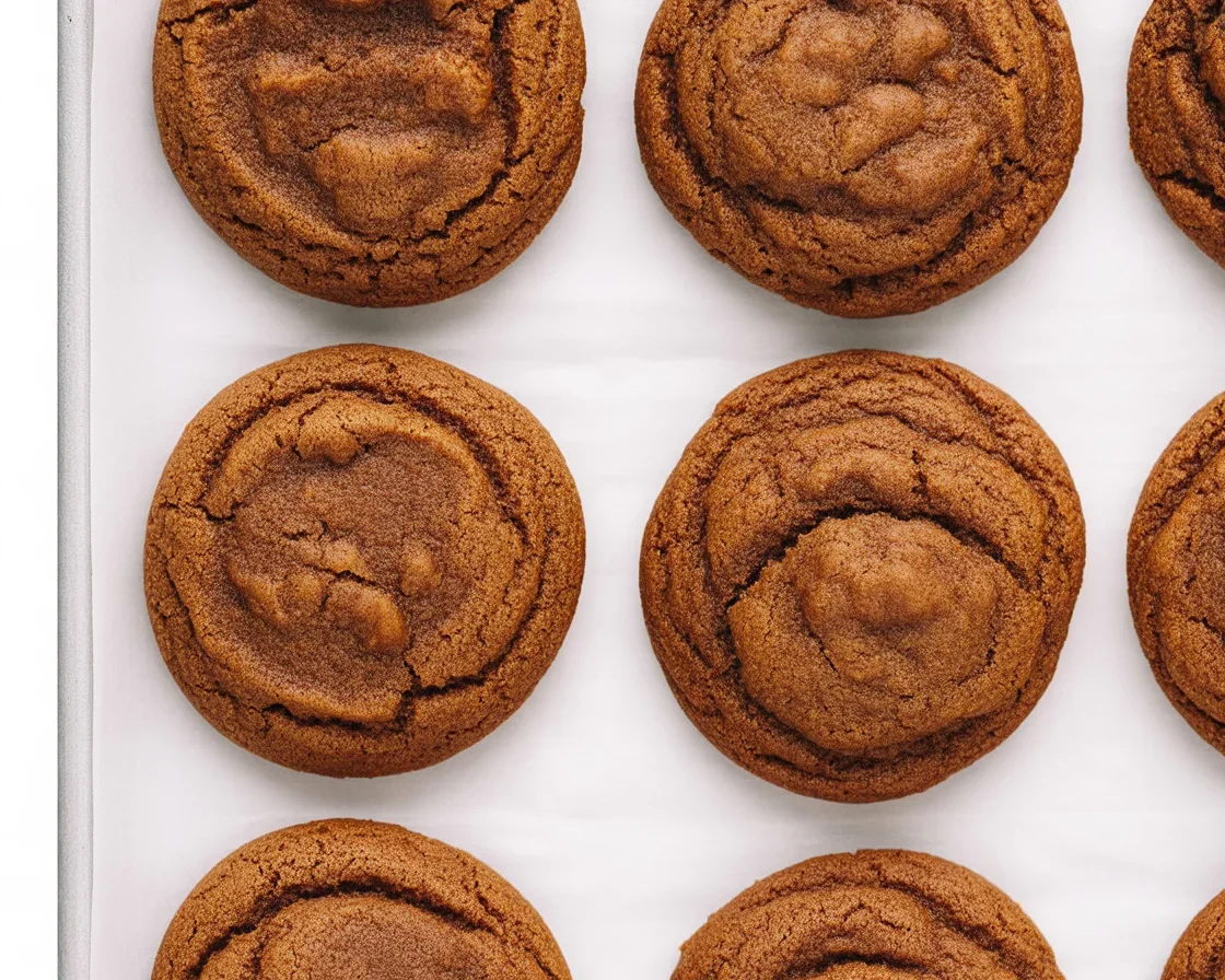 Delicious homemade ginger spice molasses cookies on a baking sheet.