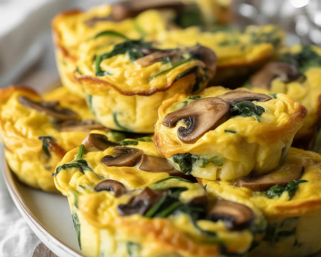 Healthy spinach and mushroom egg muffins on a plate, ready for breakfast.