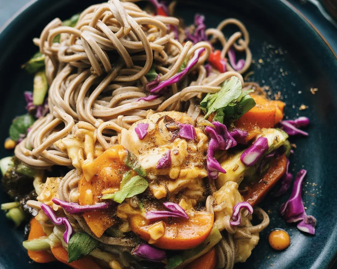 Colorful Thai peanut soba noodle salad with fresh vegetables and peanut dressing.