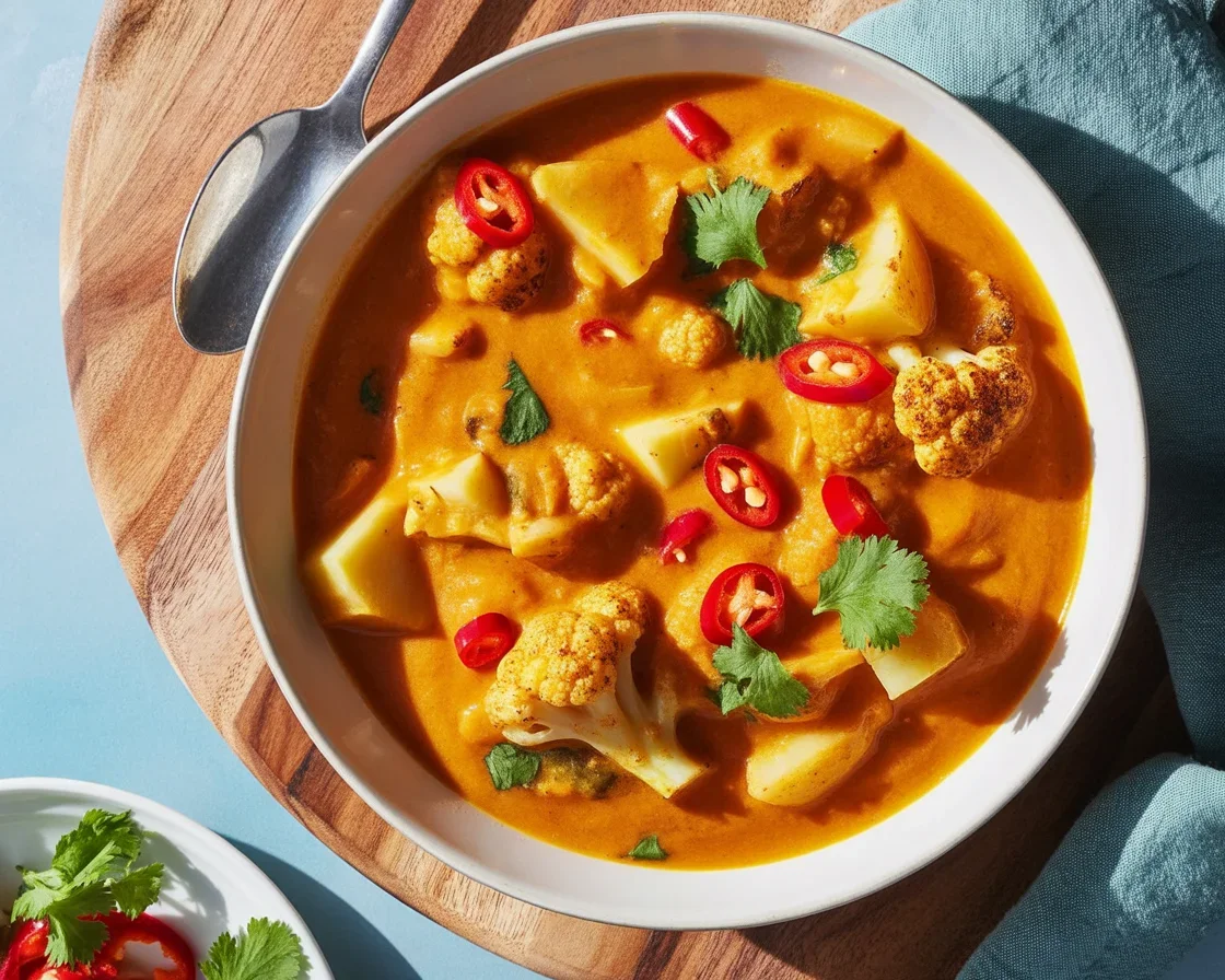 Creamy roasted cauliflower and potato curry soup garnished with fresh herbs.
