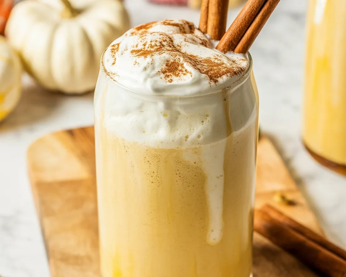 Healthy pumpkin spice protein shake with protein powder, pumpkin, and almond milk