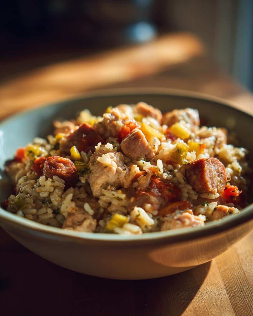 A bowl of delicious Cajun and Creole jambalaya with rice, sausage, chicken, and vegetables.