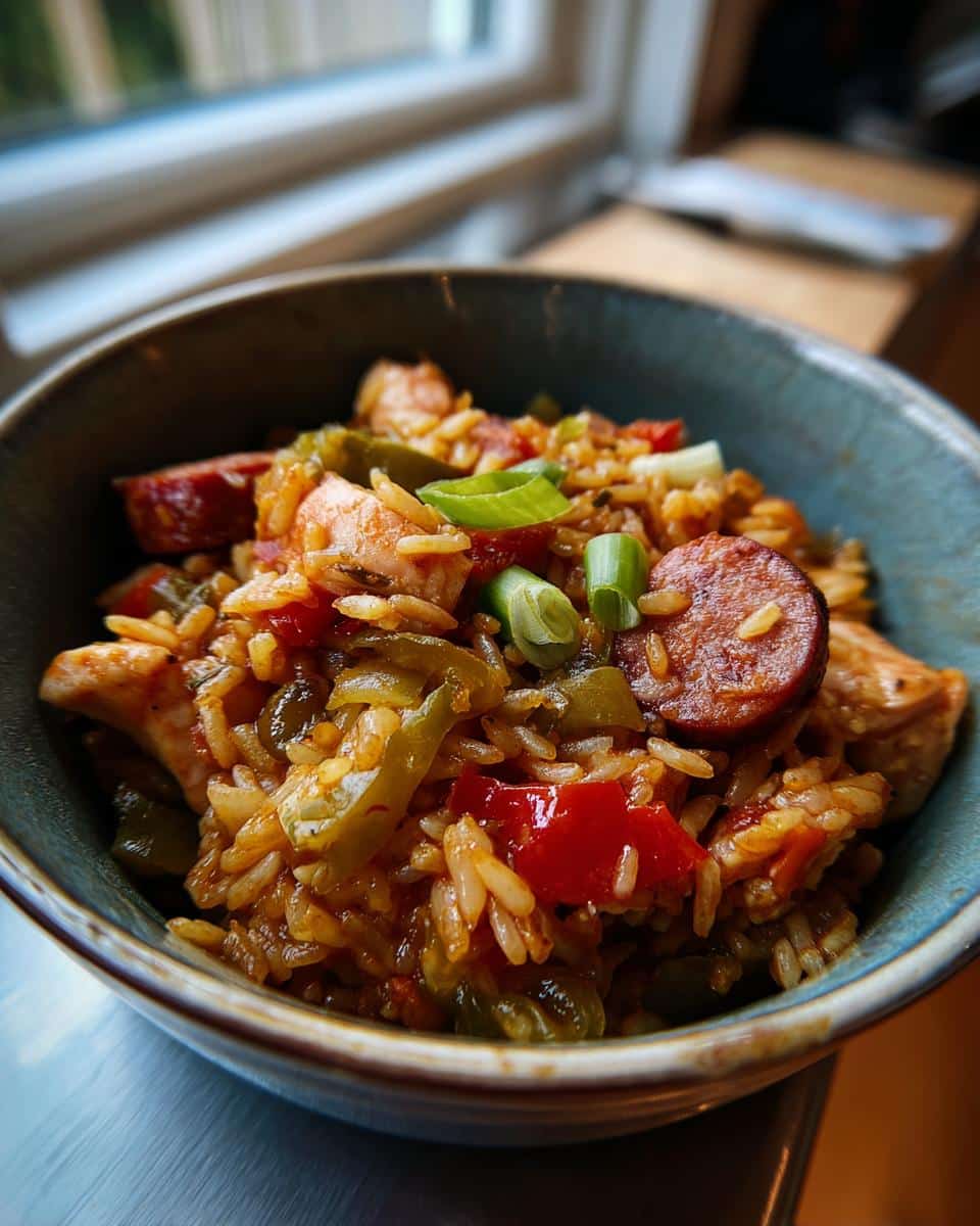 A bowl of Cajun jambalaya with sausage, chicken, peppers, and rice, garnished with green onions. Part of Cajun and Creole recipes.