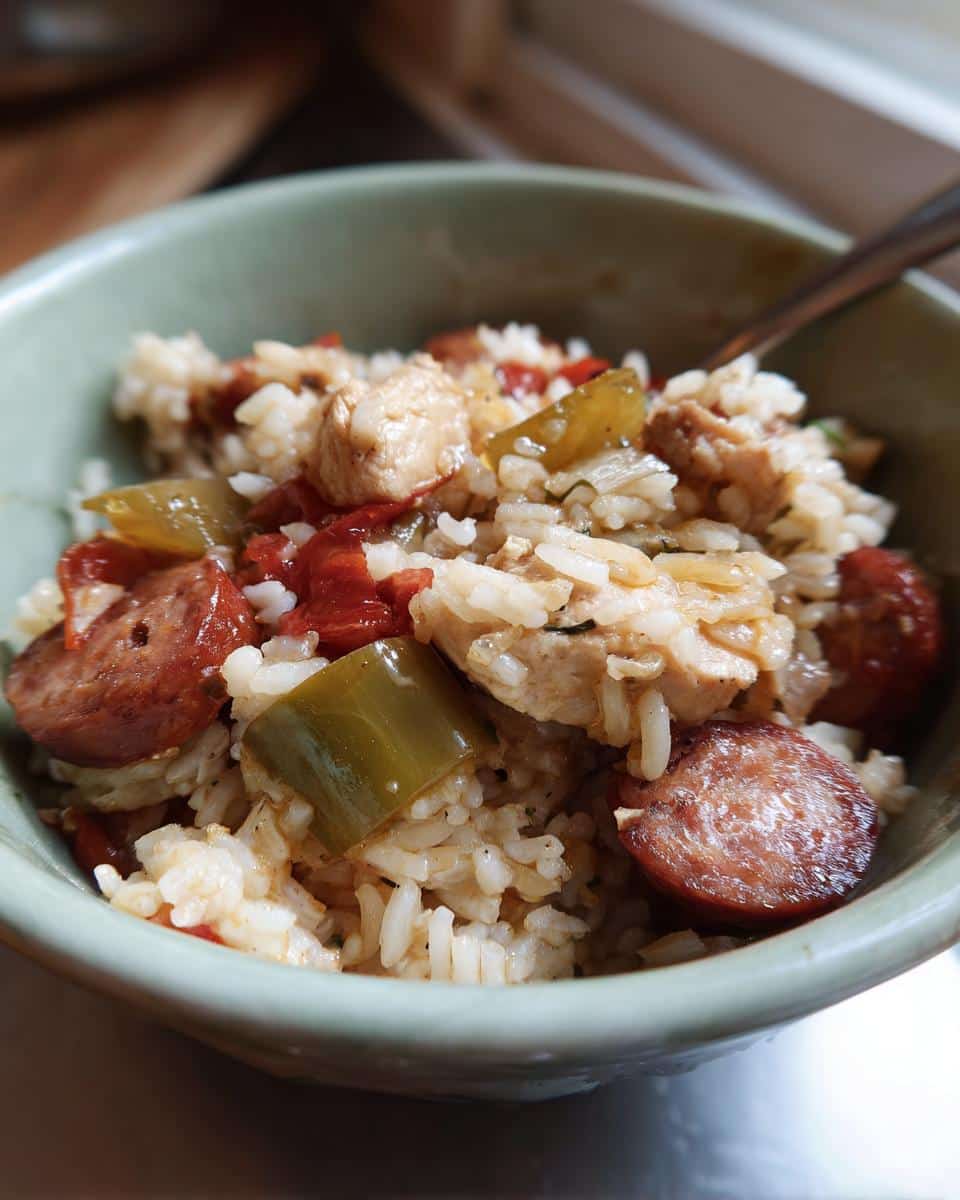 Close-up of a bowl of Cajun jambalaya featuring rice, sausage, chicken, peppers, and tomatoes.