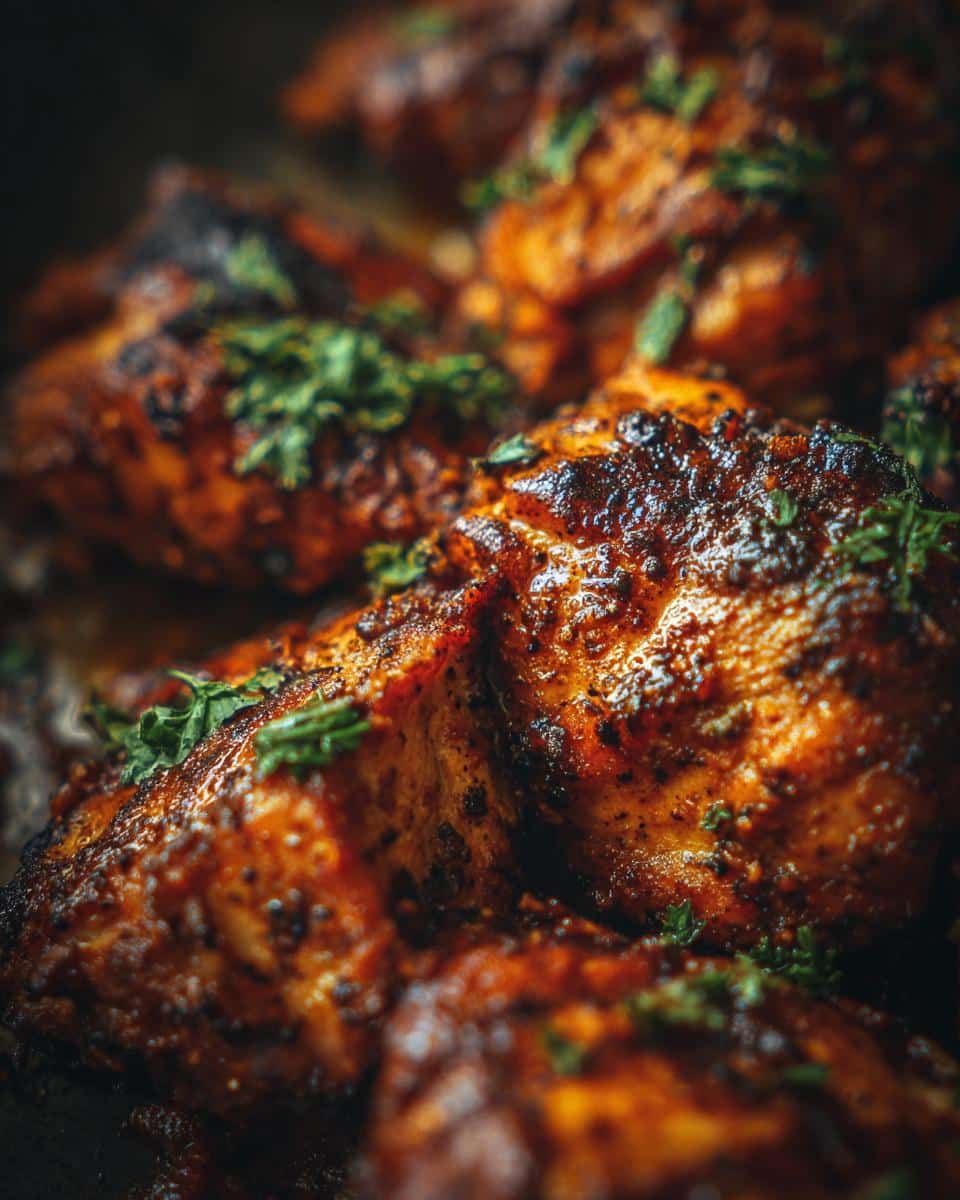 A close-up of creamy cajun chicken pieces, seasoned and garnished with fresh herbs.
