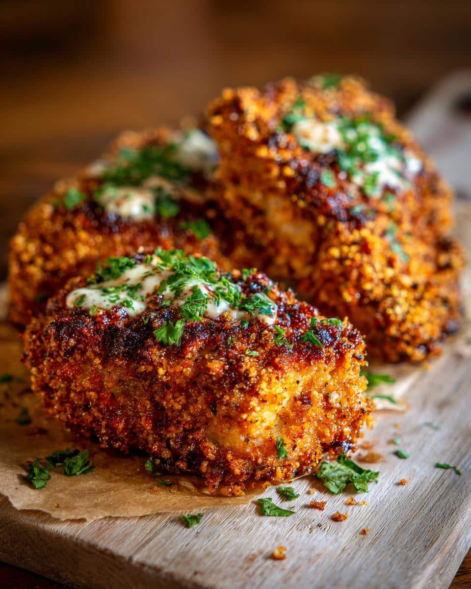 Three pieces of creamy cajun chicken, breaded and topped with sauce and parsley, on a wooden board.