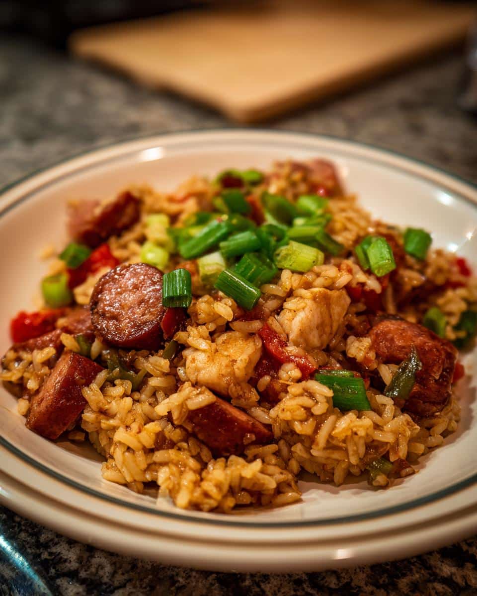 Unbelievable! 1 Easy Jumbalia Recipe: A Flavorful Delight! 7 A bowl of flavorful jumbalia recipe with sausage, chicken, rice, and green onions, ready to eat.