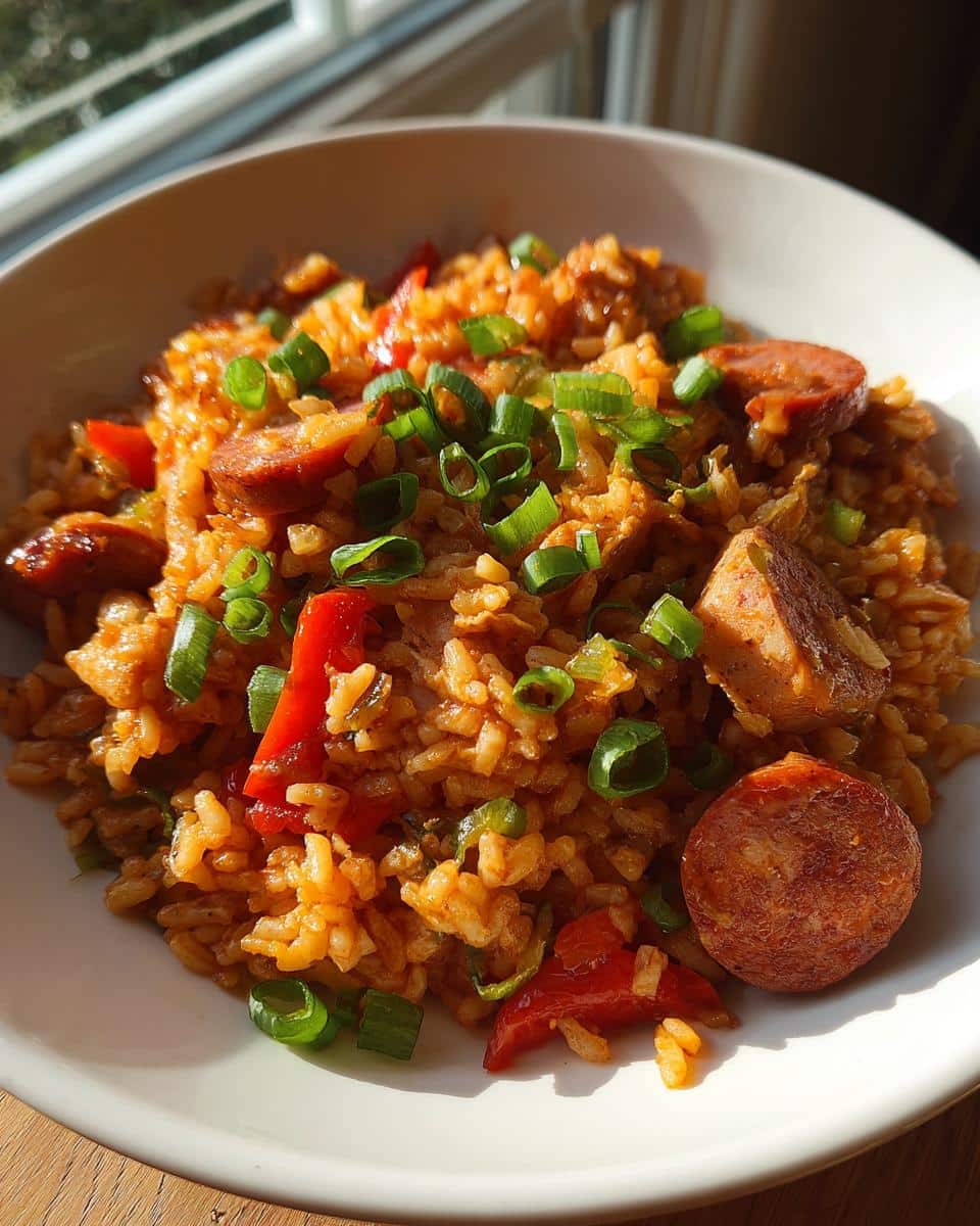 Unbelievable! 1 Easy Jumbalia Recipe: A Flavorful Delight! 9 A bowl of flavorful jumbalia recipe with sausage, rice, peppers, and green onions.
