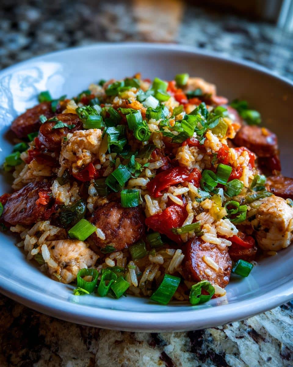 Unbelievable! 1 Easy Jumbalia Recipe: A Flavorful Delight! 6 A bowl of flavorful jumbalia recipe with rice, sausage, chicken, peppers, and green onions.